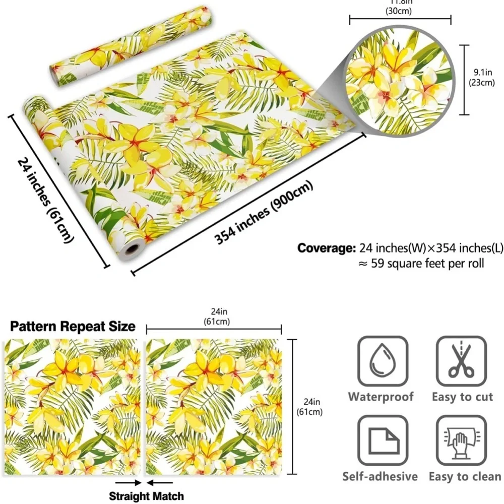 24"x354" Yellow Floral Wallpaper Leaf Peel Stick Contact Removable Self Adhesive - Picture 2 of 8